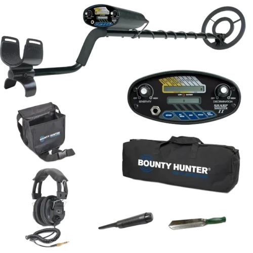 Bounty Hunter Sharp Shooter II Metal Detector Bundle with Pin Pointer, Trowel, Pouch, Headphones, Carry Bag – LCD Display, Auto Notch, Discrimination, Perfect for Coins, Relics, and Jewelry