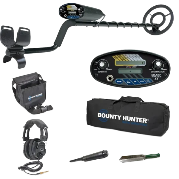 Bounty Hunter Sharp Shooter II Metal Detector Bundle with Pin Pointer, Trowel, Pouch, Headphones, Carry Bag – LCD Display, Auto Notch, Discrimination, Perfect for Coins, Relics, and Jewelry